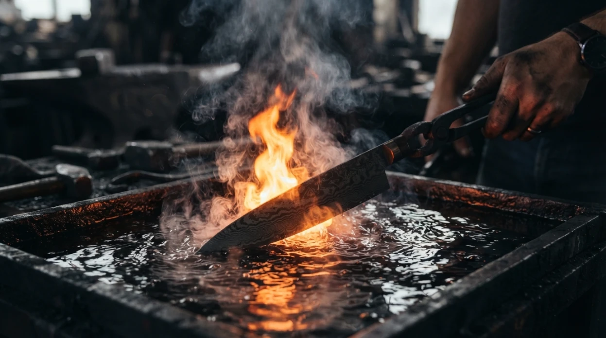 Hand-forged Damascus steel knife being quenched in water at the forge