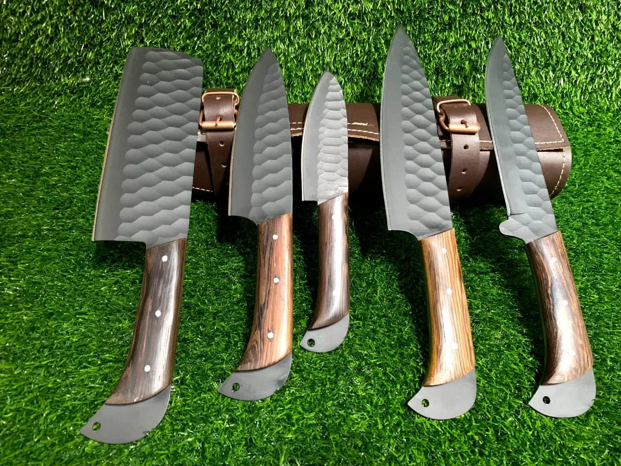 Handmade Carbon Steel Chef Knife Set (5-Piece) with Wood Handles & Leather Roll