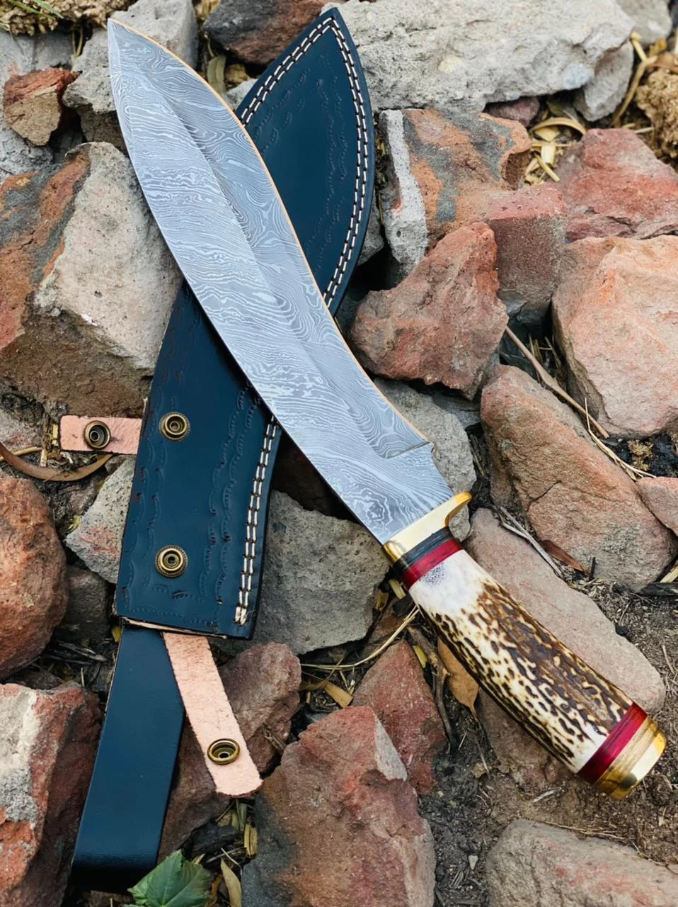 Handmade Damascus Bowie Knife with Stag Antler Handle & Leather Sheath — view 2