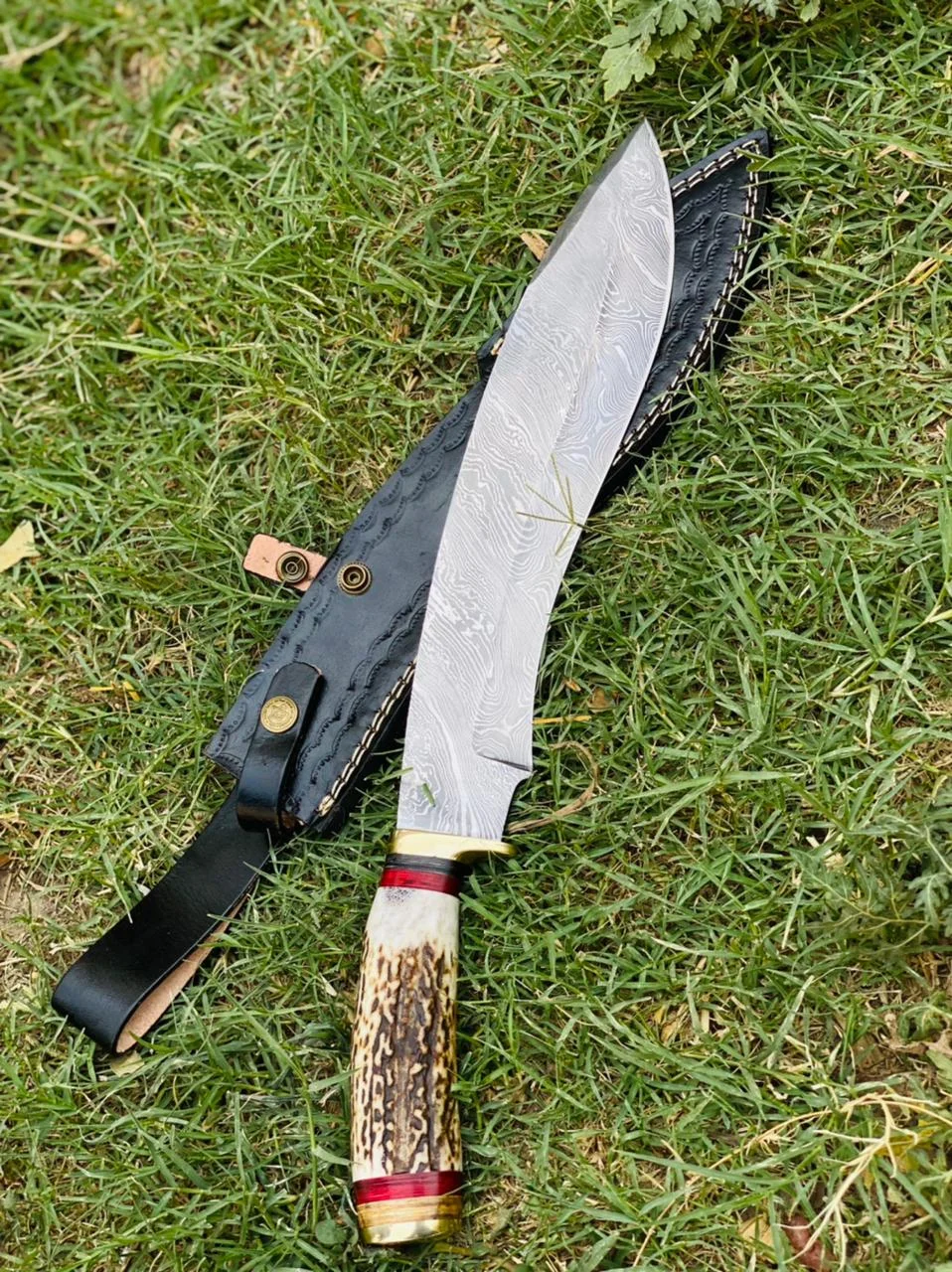 Handmade Damascus Bowie Knife with Stag Antler Handle & Leather Sheath