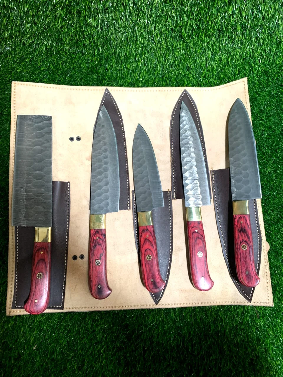 Handmade Damascus Chef Knife Set (5-Piece) with Wood Handles & Leather Roll