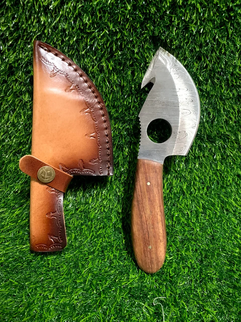 Handmade Damascus Gut Hook Skinner Knife 10" with Mosaic Pin Wood Handle — view 2