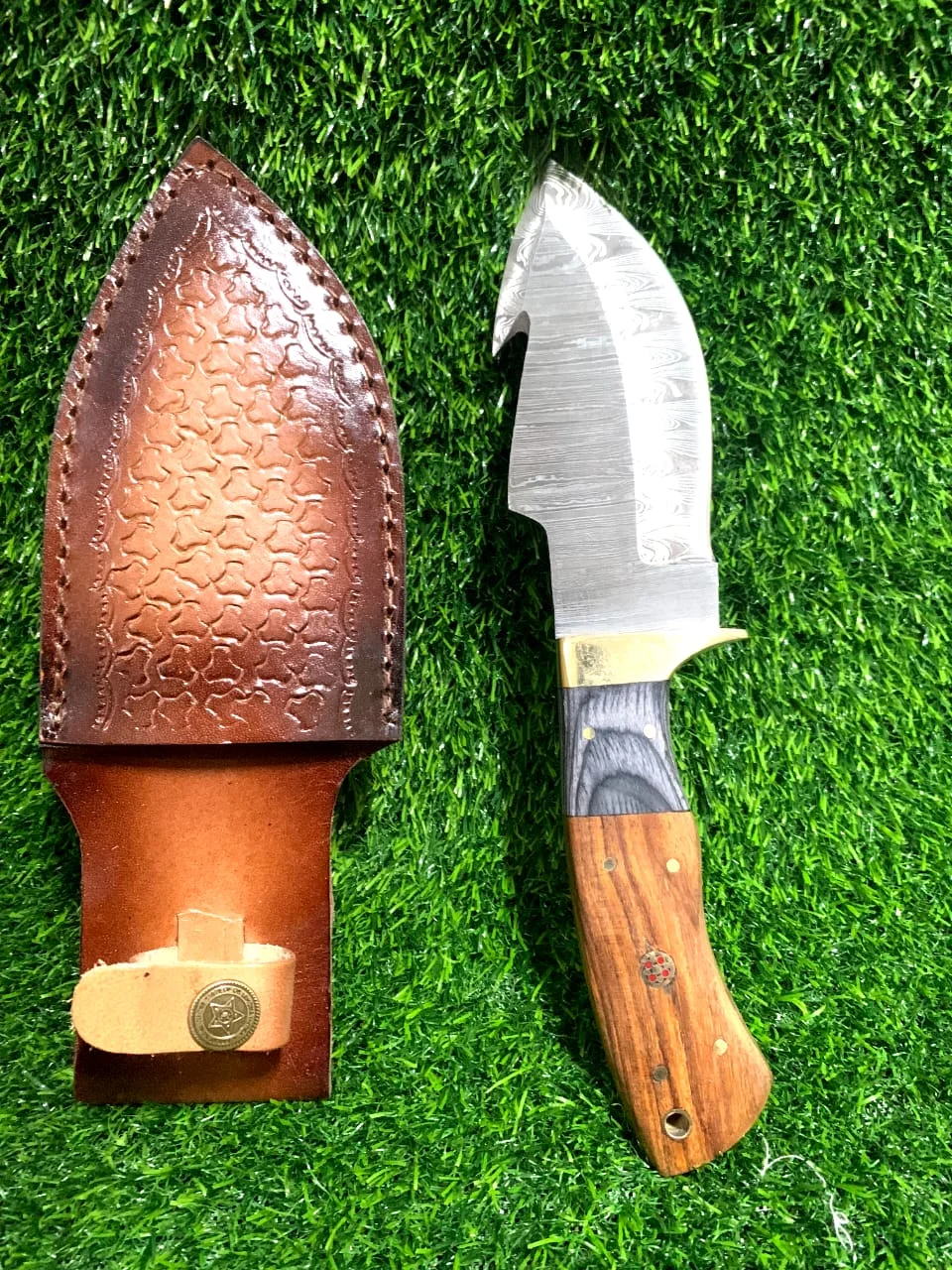 Handmade Damascus Gut Hook Skinner Knife 10" with Two-Tone Wood Handle & Brass Bolster