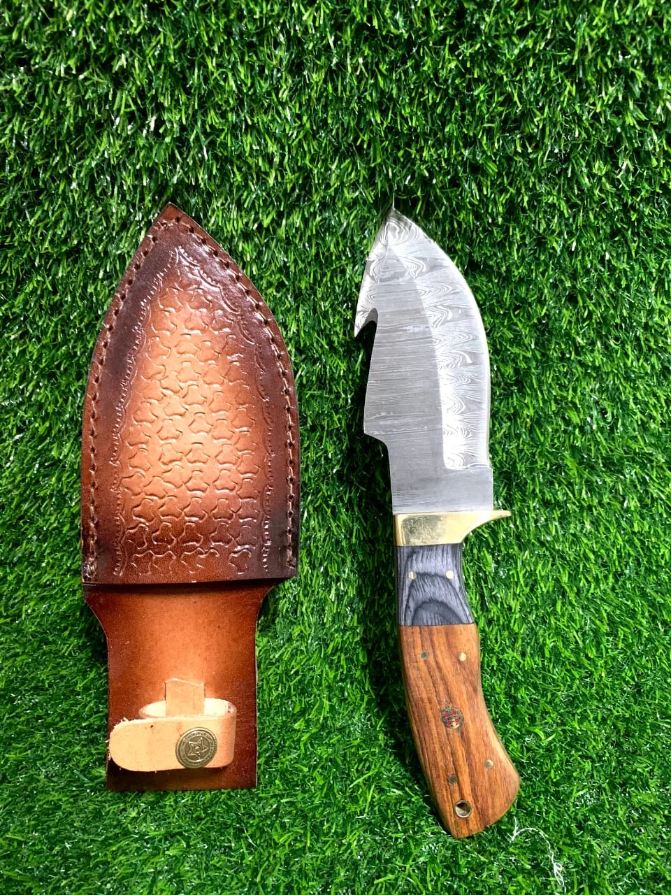 Handmade Damascus Gut Hook Skinner Knife 10" with Two-Tone Wood Handle & Brass Bolster — view 2