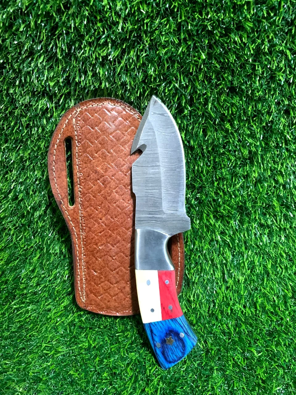 Handmade Damascus Gut Hook Skinner Knife 8" with American Flag Handle