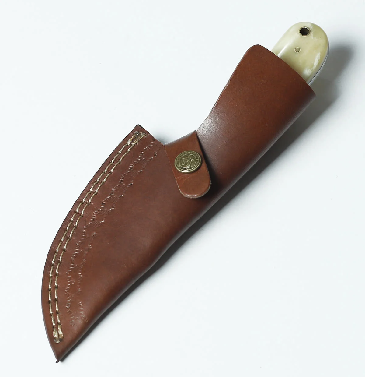 Handmade Damascus Gut Hook Skinner Knife 8" with Bone Handle & Leather Sheath — view 3