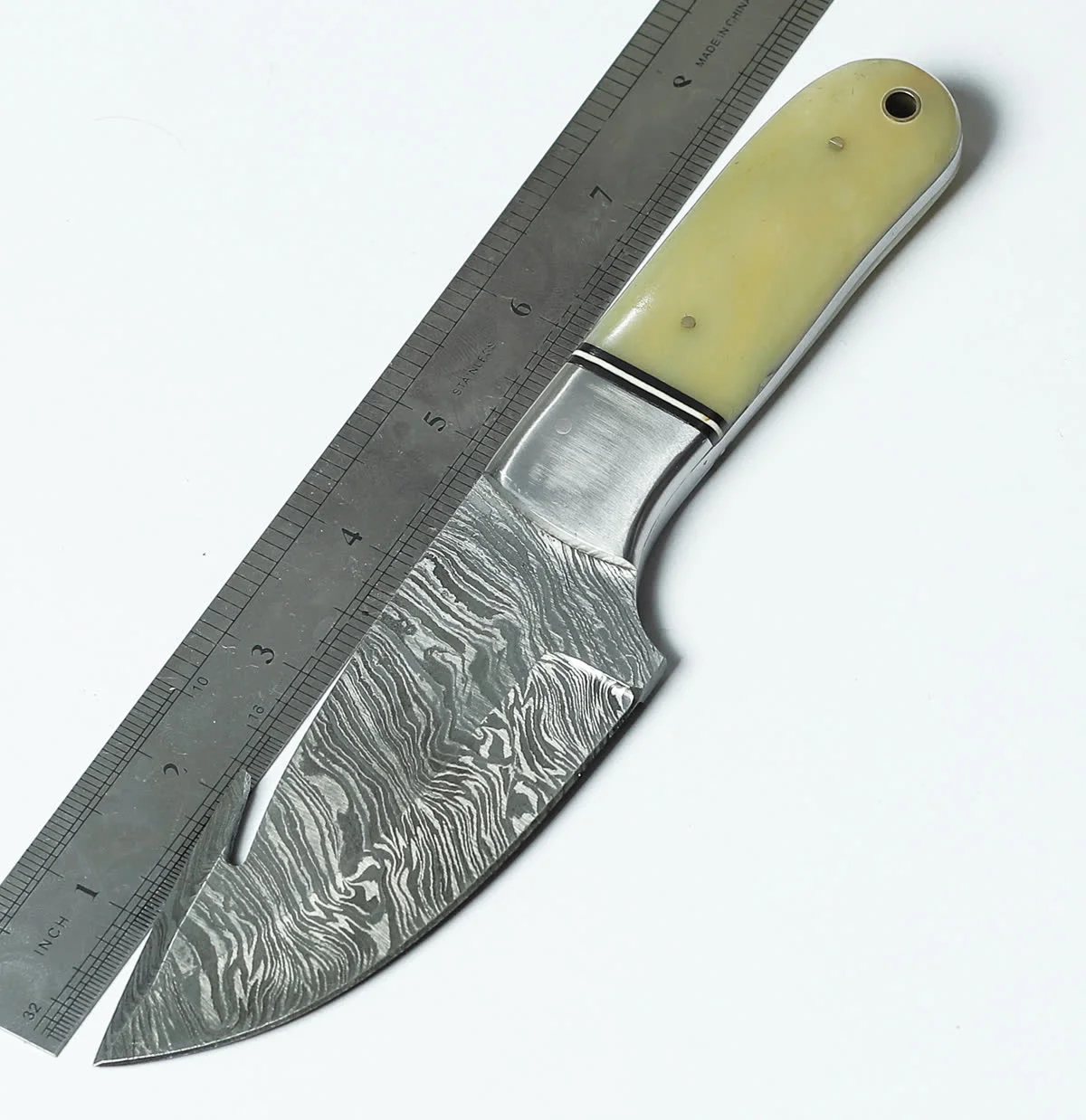 Handmade Damascus Gut Hook Skinner Knife 8" with Bone Handle & Leather Sheath — view 4