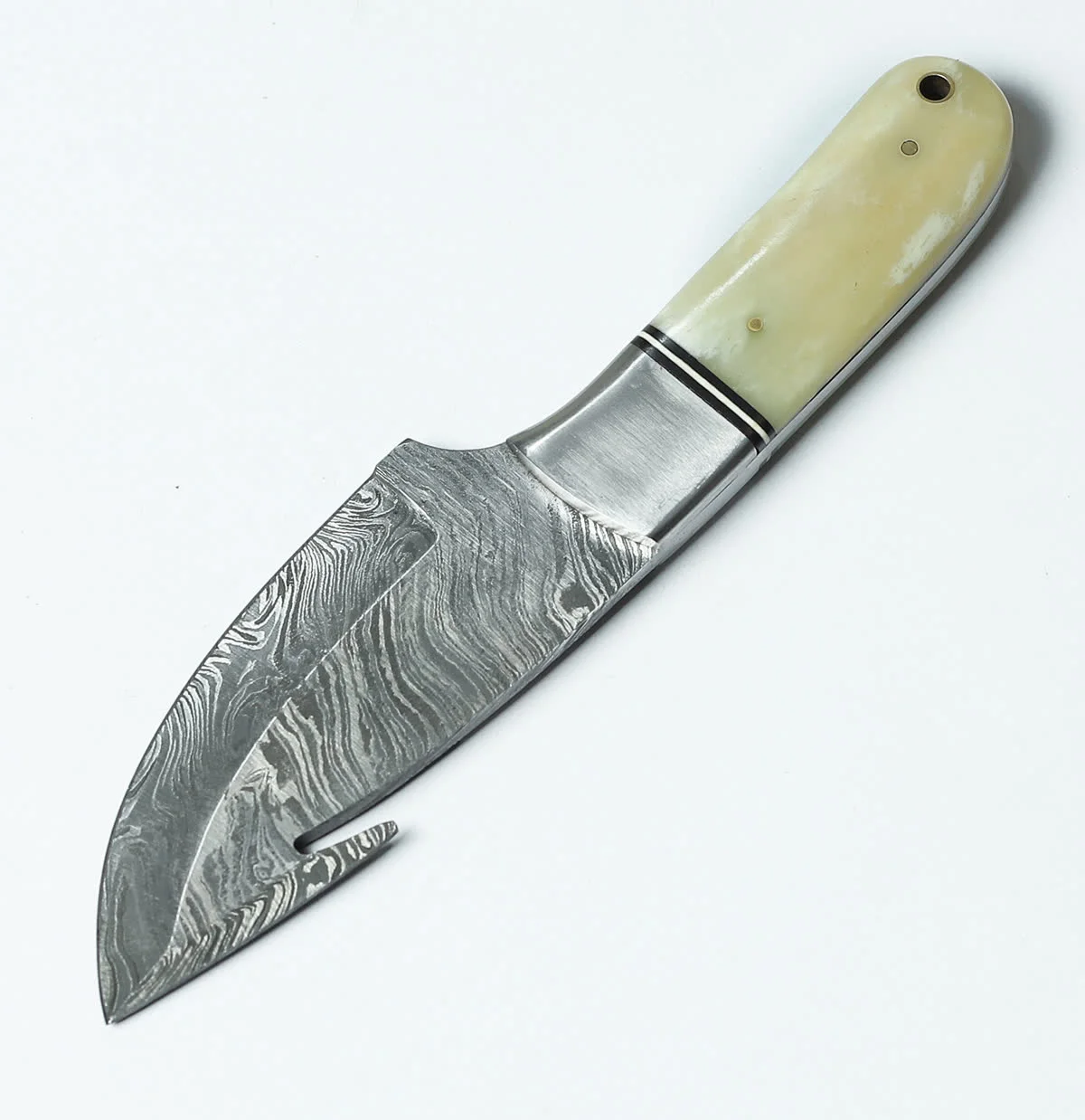 Handmade Damascus Gut Hook Skinner Knife 8" with Bone Handle & Leather Sheath — view 5