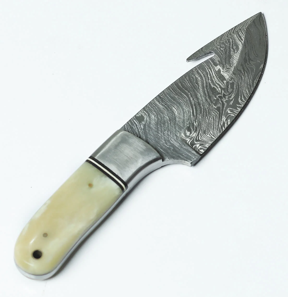 Handmade Damascus Gut Hook Skinner Knife 8" with Bone Handle & Leather Sheath — view 2