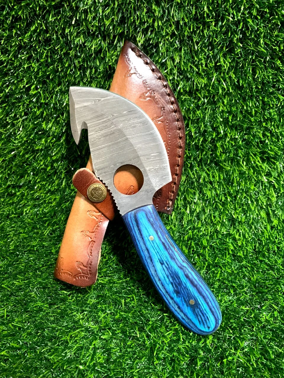 Handmade Damascus Gut Hook Skinner Knife 9" with Blue Wood Handle & Finger Ring — view 2