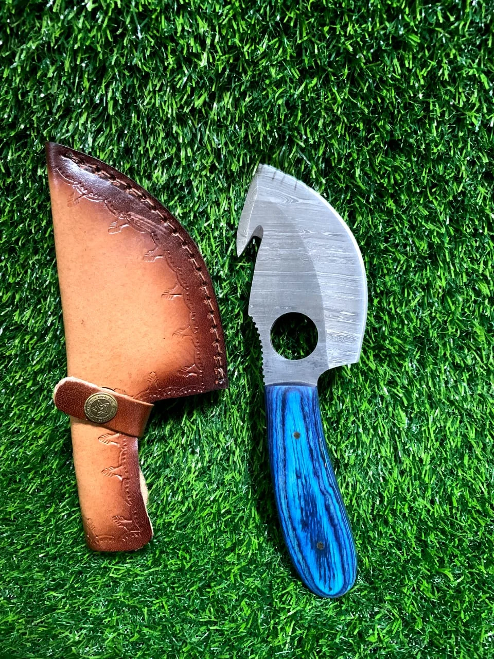 Handmade Damascus Gut Hook Skinner Knife 9" with Blue Wood Handle & Finger Ring