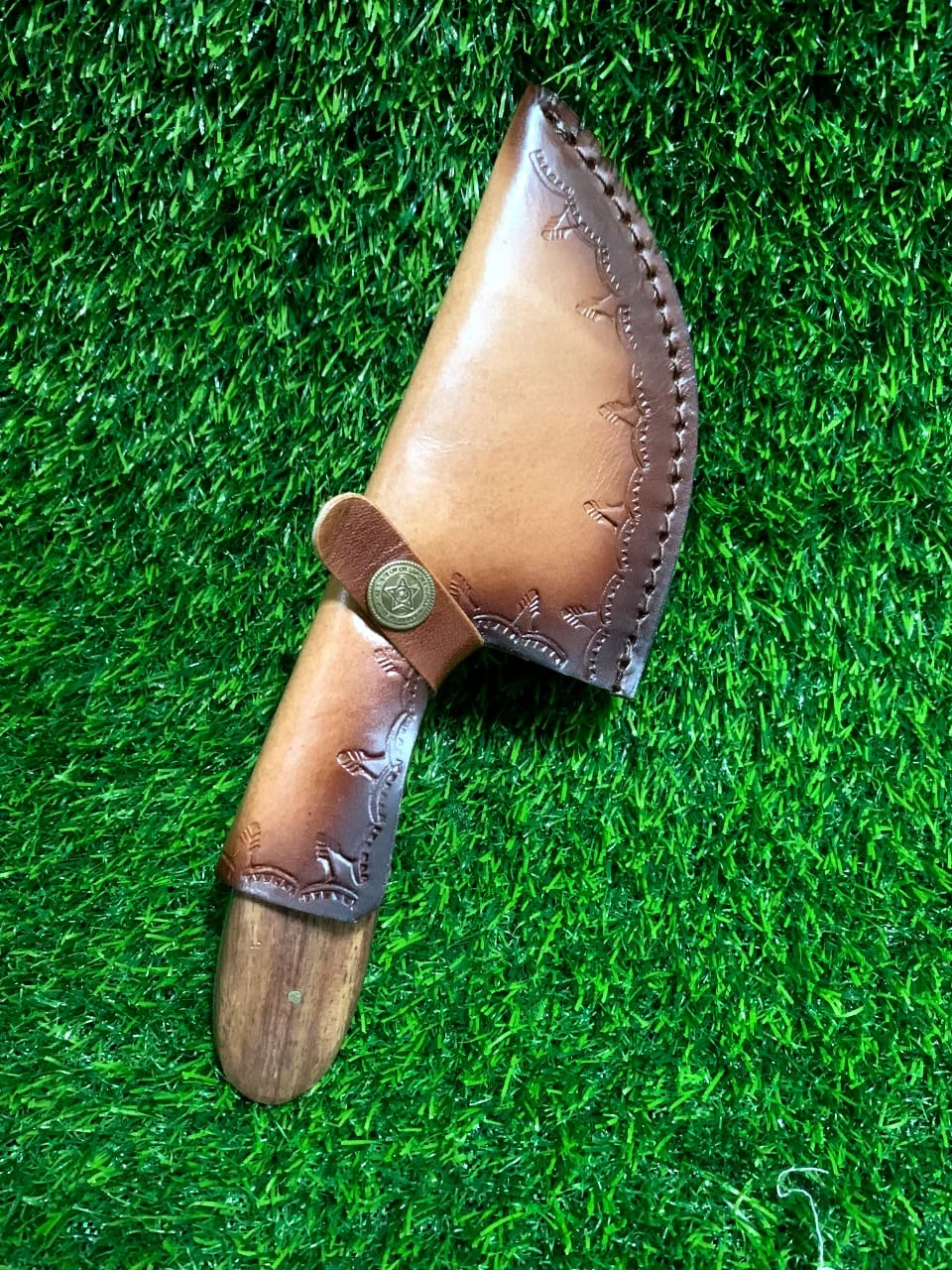 Handmade Damascus Gut Hook Skinner Knife 9" with Brown Wood Handle & Finger Ring