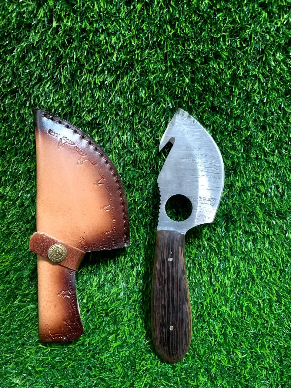 Handmade Damascus Gut Hook Skinner Knife 9" with Dark Wood Handle & Finger Ring