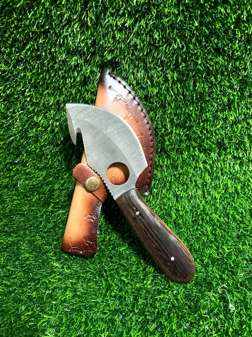 Handmade Damascus Gut Hook Skinner Knife 9" with Dark Wood Handle & Finger Ring — view 2