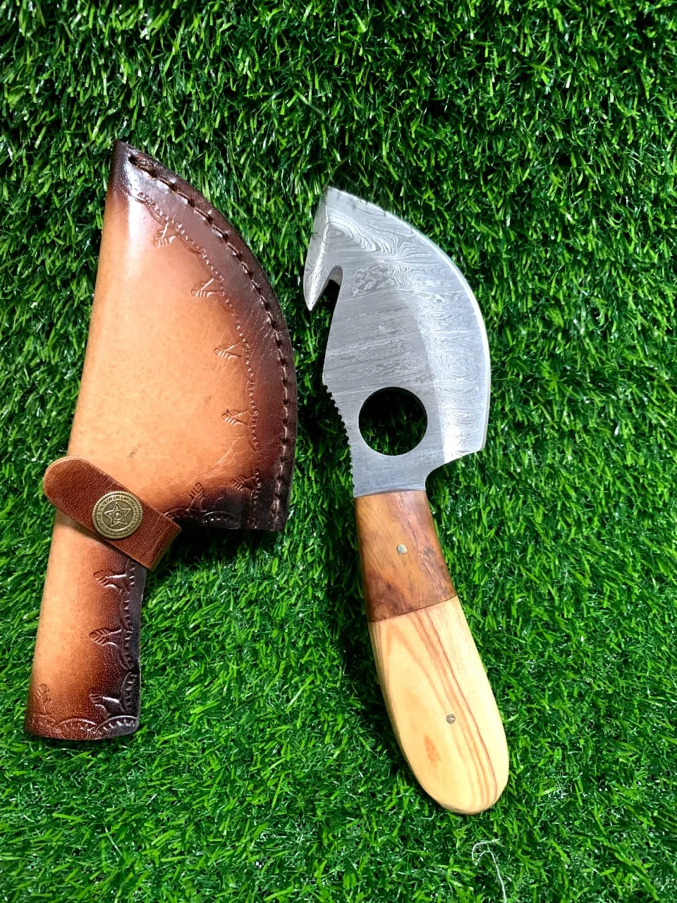Handmade Damascus Gut Hook Skinner Knife 9" with Two-Tone Wood Handle & Finger Ring