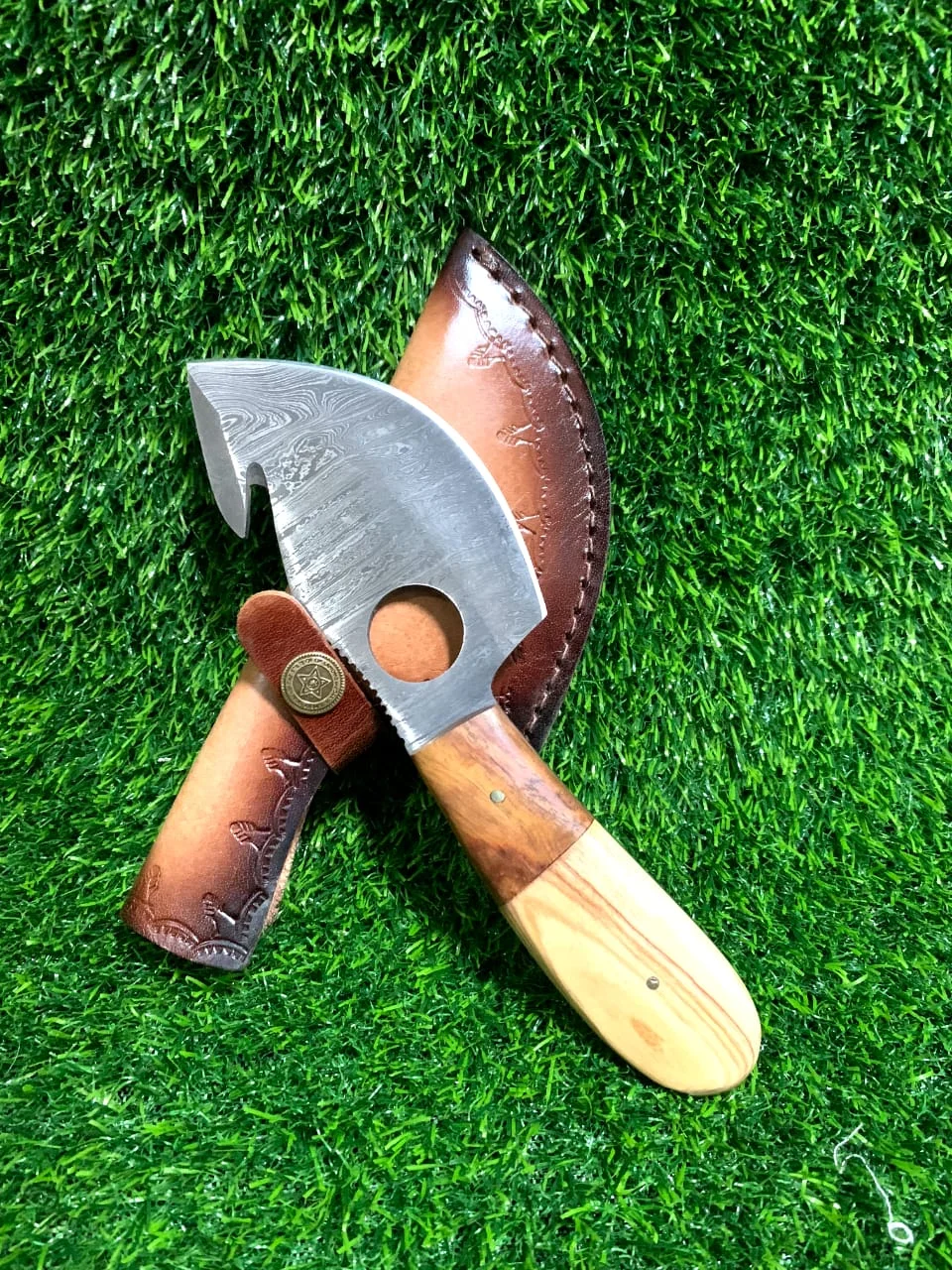 Handmade Damascus Gut Hook Skinner Knife 9" with Two-Tone Wood Handle & Finger Ring — view 2