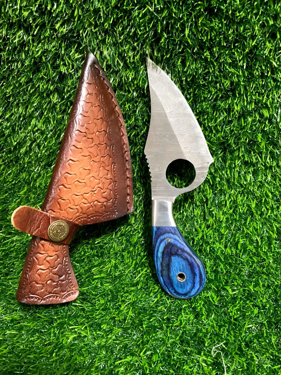 Handmade Damascus Hunting Skinner Knife 7" with Blue Wood Handle & Finger Ring — view 2