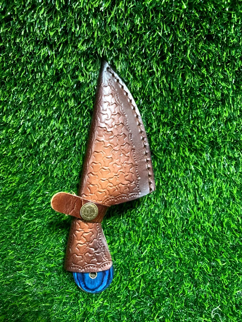 Handmade Damascus Hunting Skinner Knife 7" with Blue Wood Handle & Finger Ring