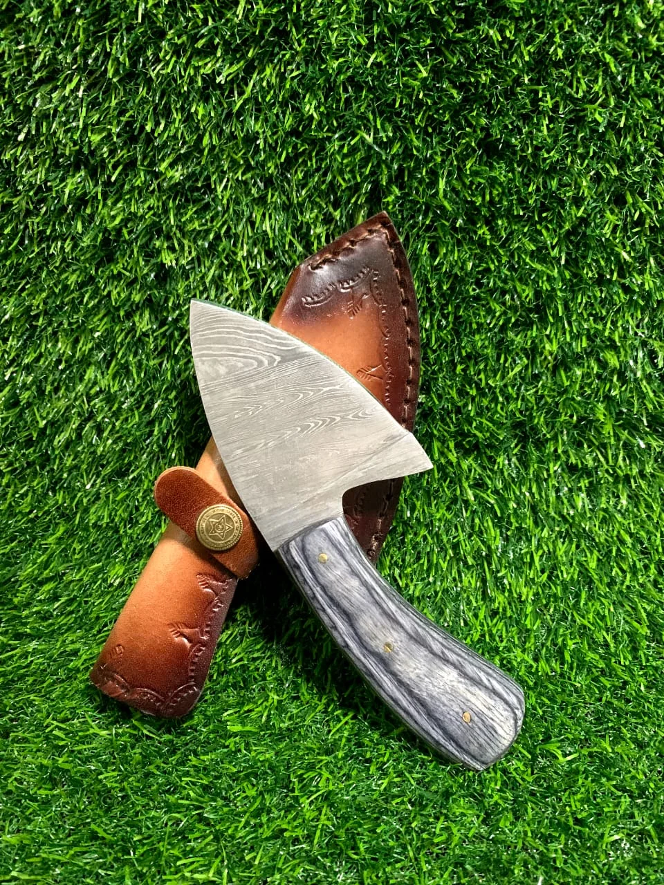 Handmade Damascus Hunting Skinner Knife 7" with Grey Wood Handle & Leather Sheath