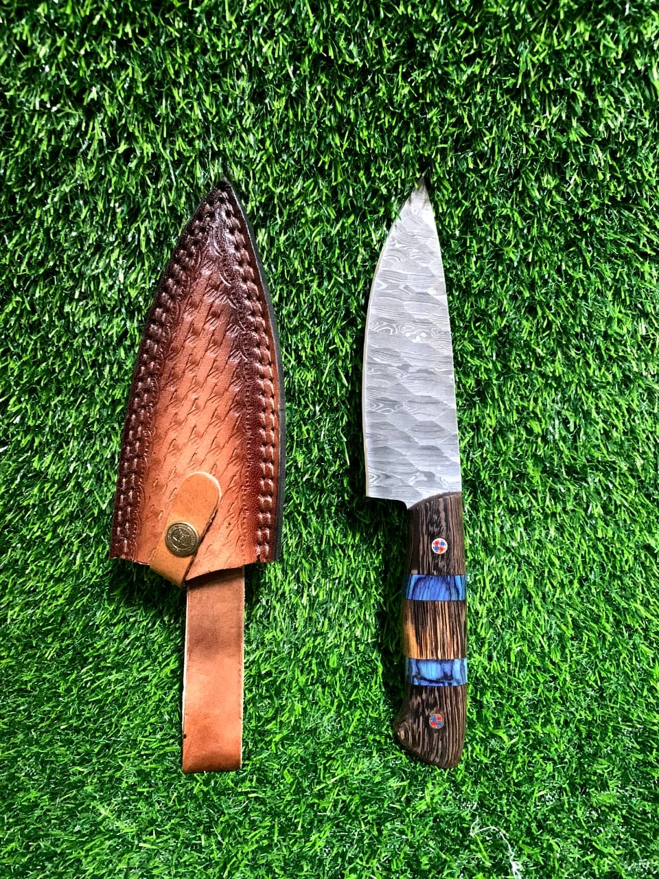 Handmade Damascus Hunting Skinner Knife 8" with Wood Handle & Leather Sheath