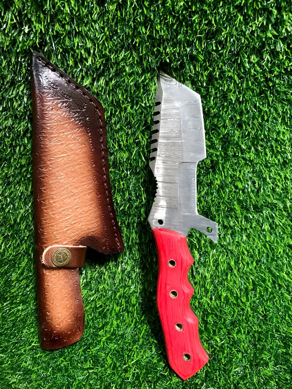 Handmade Damascus Tracker Hunting Knife with Wood Handle & Leather Sheath